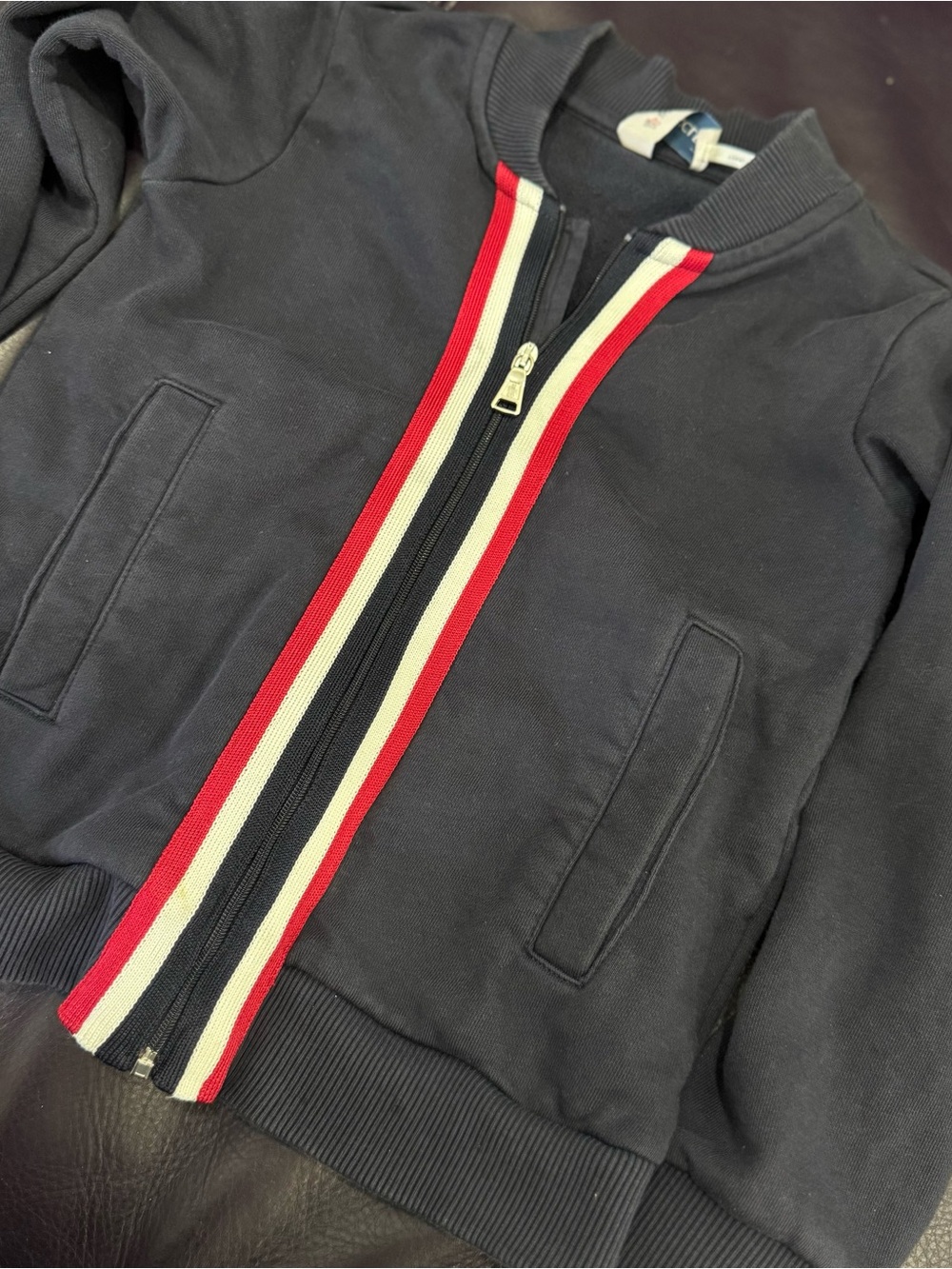 Moncler Navy Zip-Up Sweater with Red and White Stripe